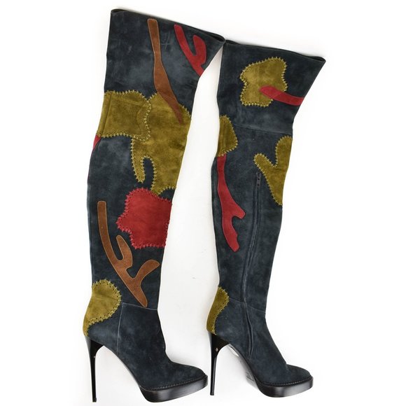 BURBERRY Prorsum: Navy Blue, Patchwork "Allison" Over The Knee Boots - Picture 1 of 10